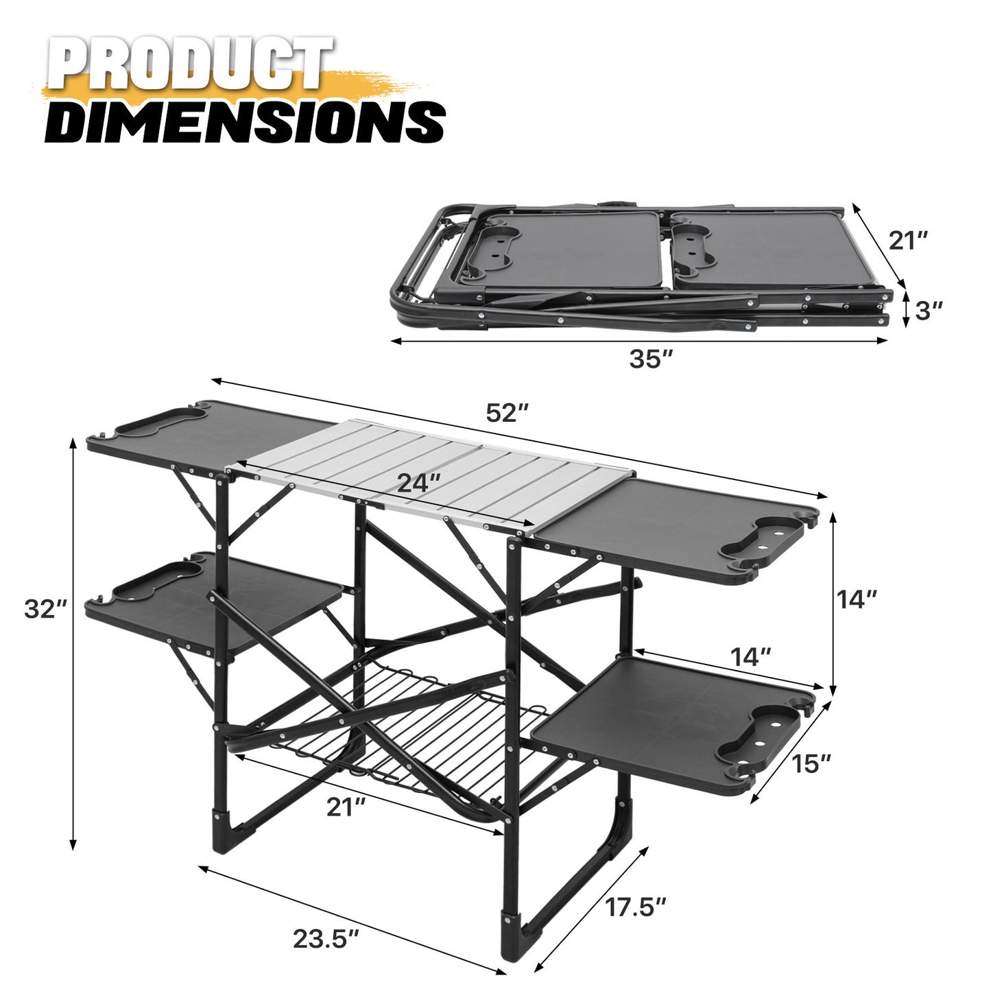 Folding Camping Table 52"x17.5"x32" - Black/silver