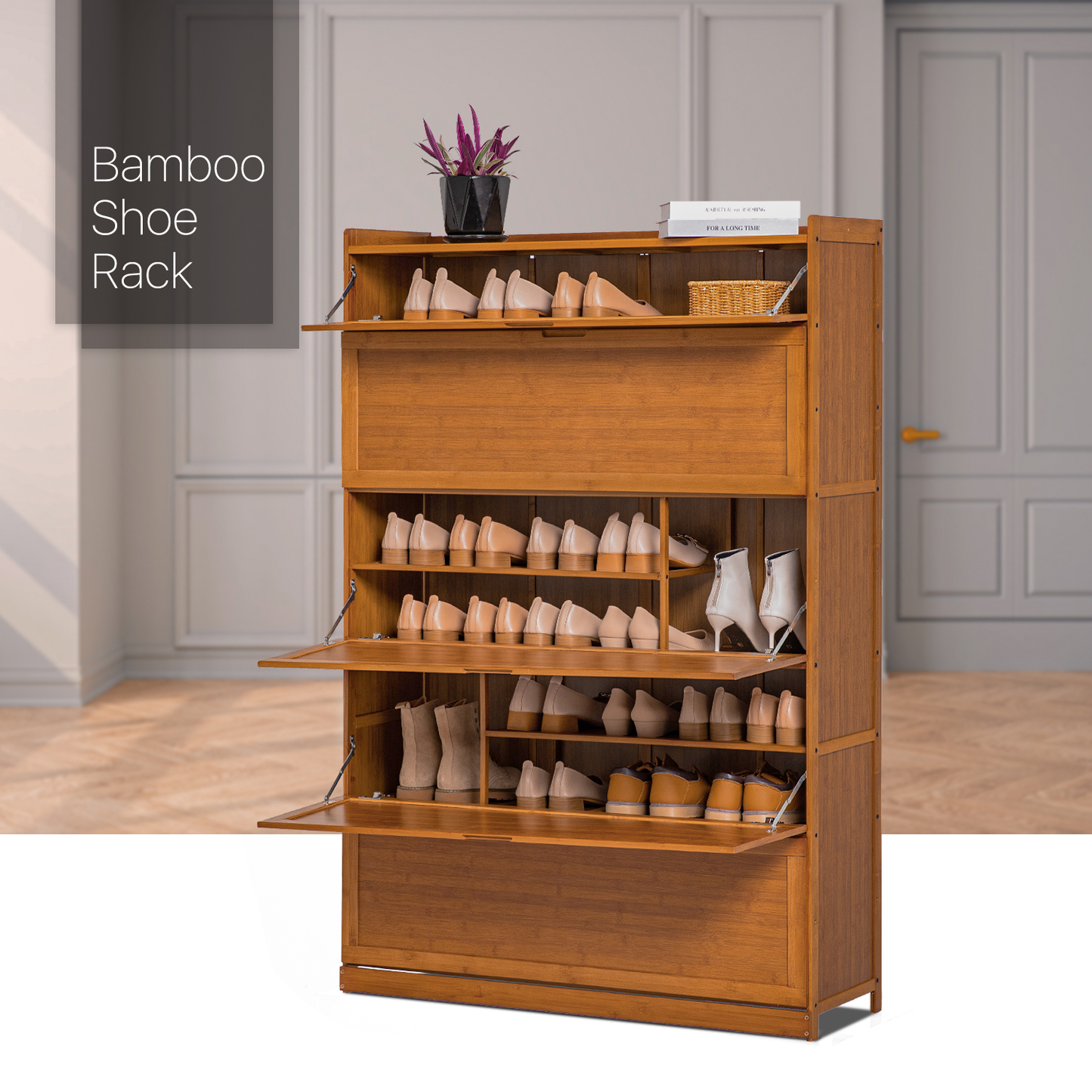 Drop Down Door Entryway Shoe Cabinet - with Boot Compartment  - Brown
