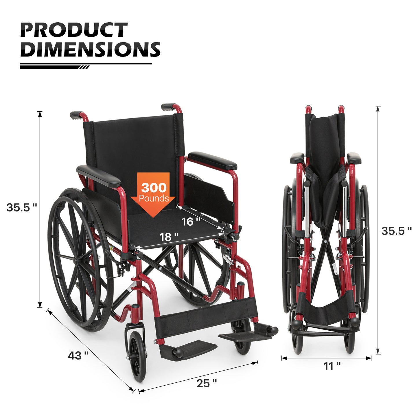 Manual Wheelchair -  Red, FDA Approved - 18"x16" Seat