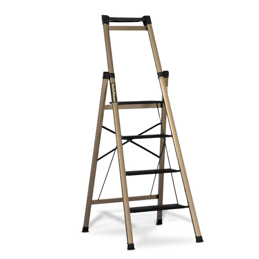 Folding Step Ladder w/Tool Tray - 4 Steps 5.17 ft/62.0", Black/Gold