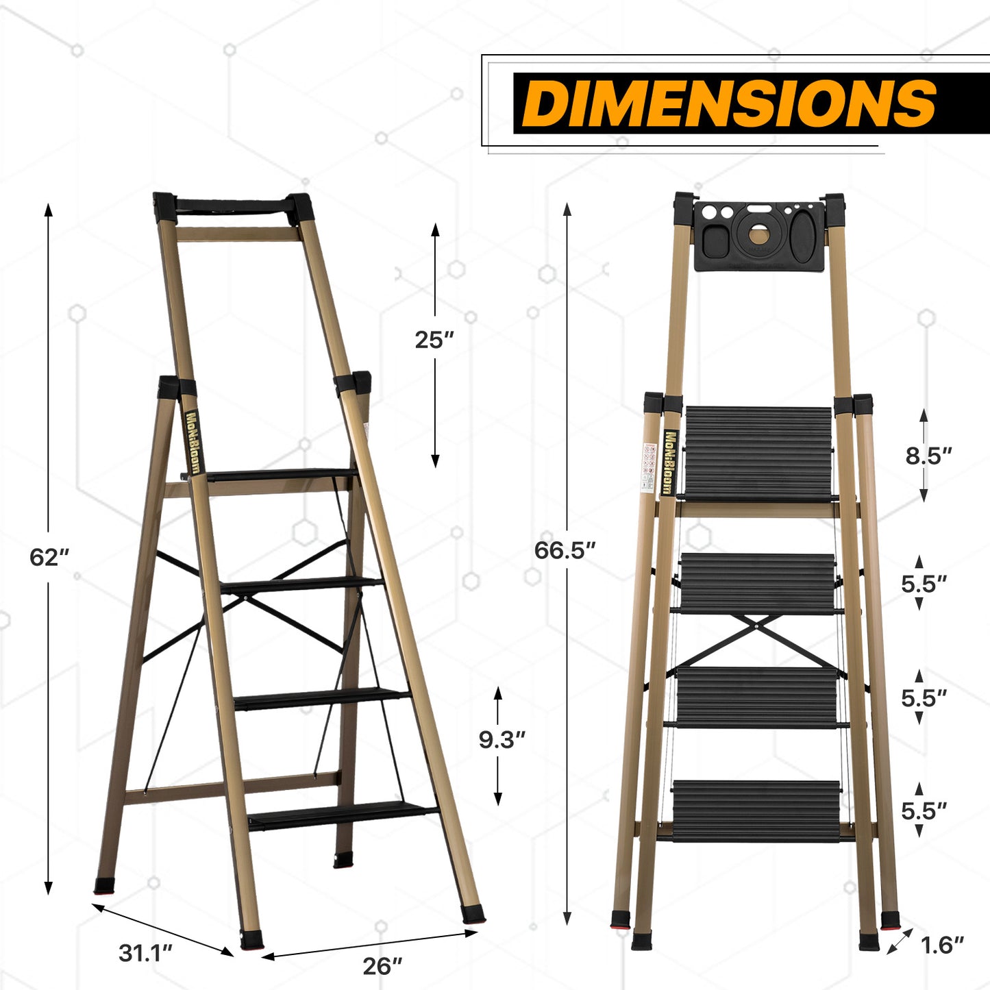 Folding Step Ladder w/Tool Tray - 4 Steps 5.17 ft/62.0", Black/Gold