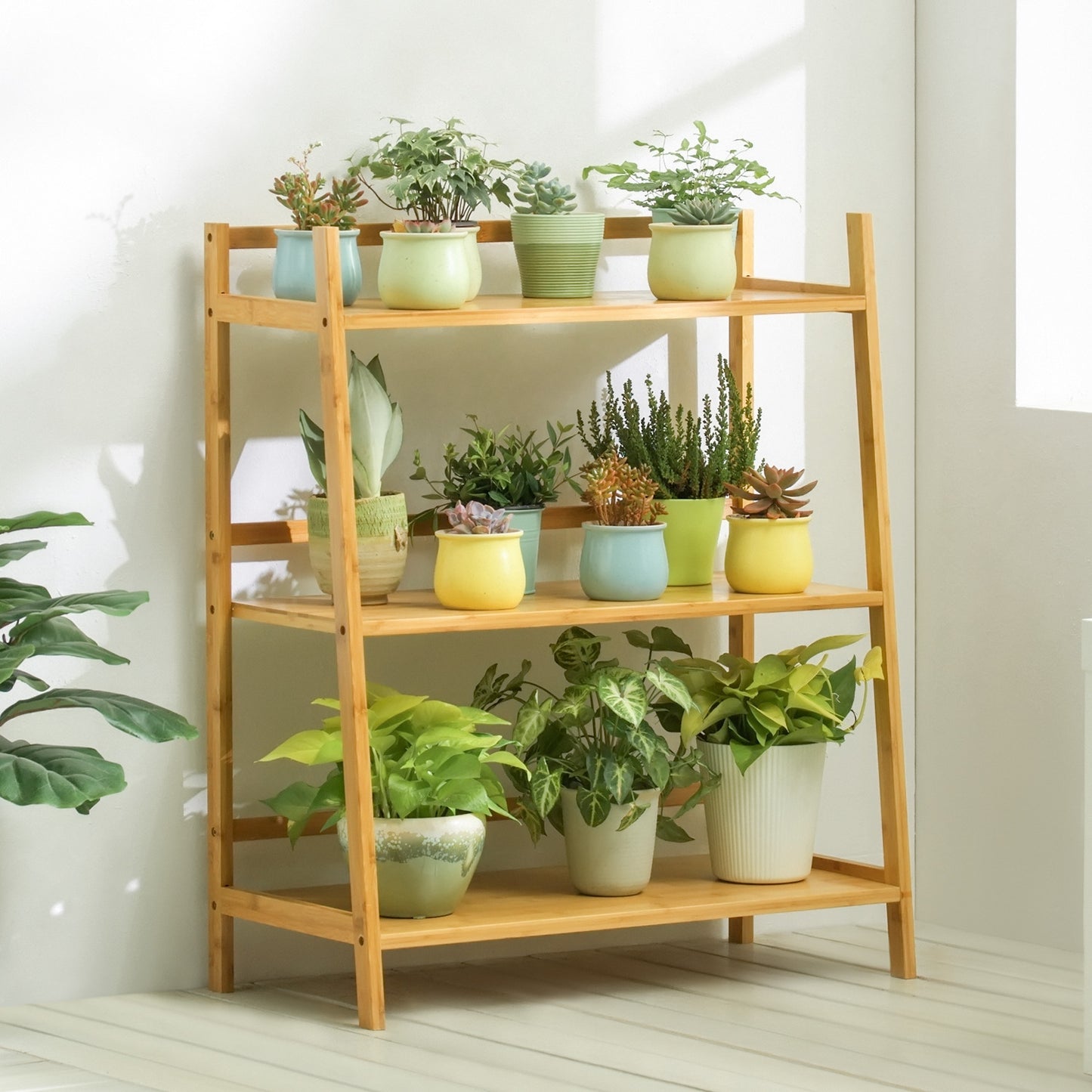 Simplified Trapezoid Multi-Functional Flower Plant Rack - 3 Tier - Natural