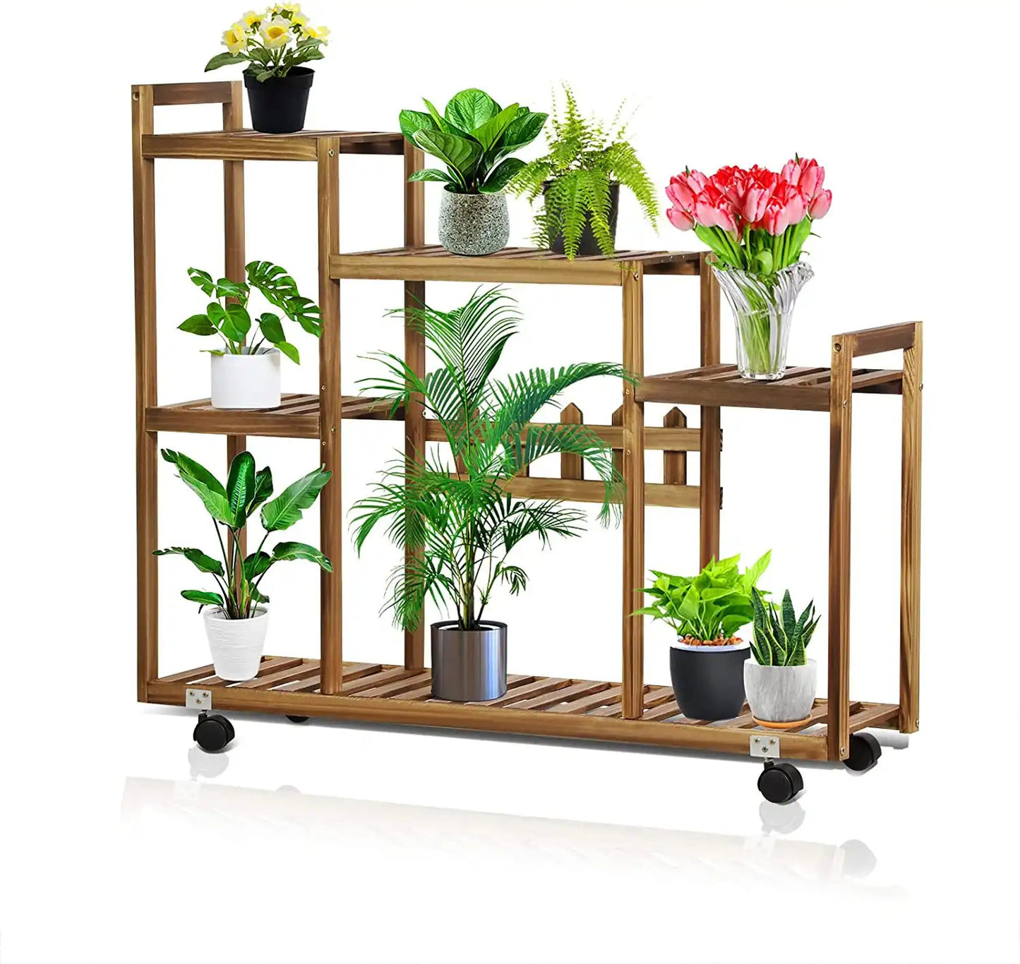 Rolling Multi Tier Wooden Plant Stand - Brown