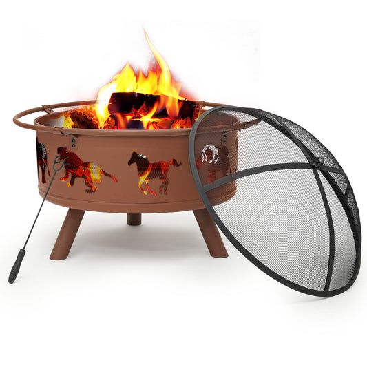 32" Horse Pattern Round Fire Pit w/Poker & Spark Screen