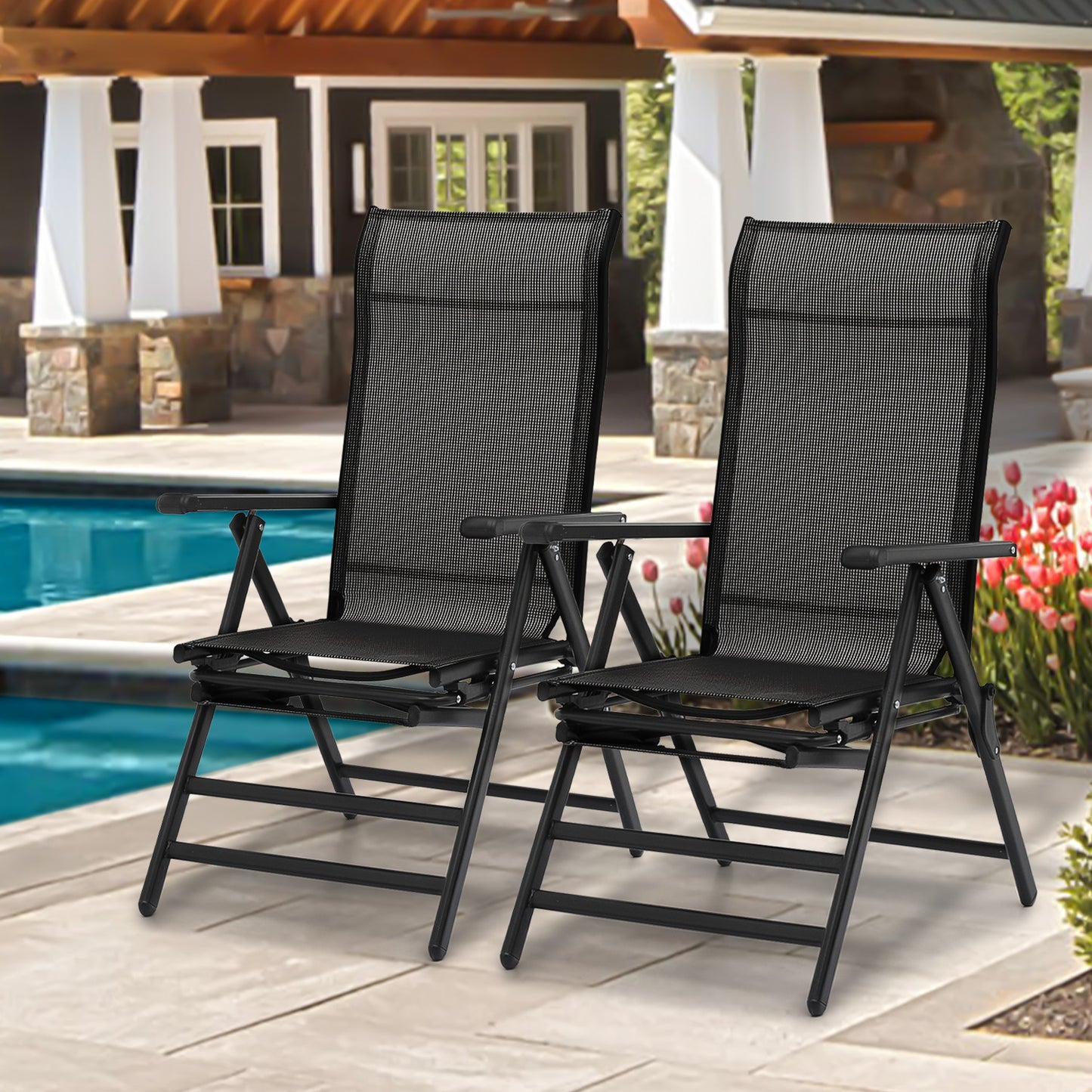 2 Pack Folding Lounge Chair - Retractable Footrest