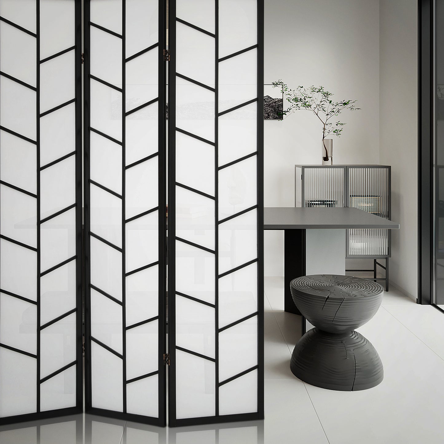 3-Panel Geometric Pattern Room Divider - Black
