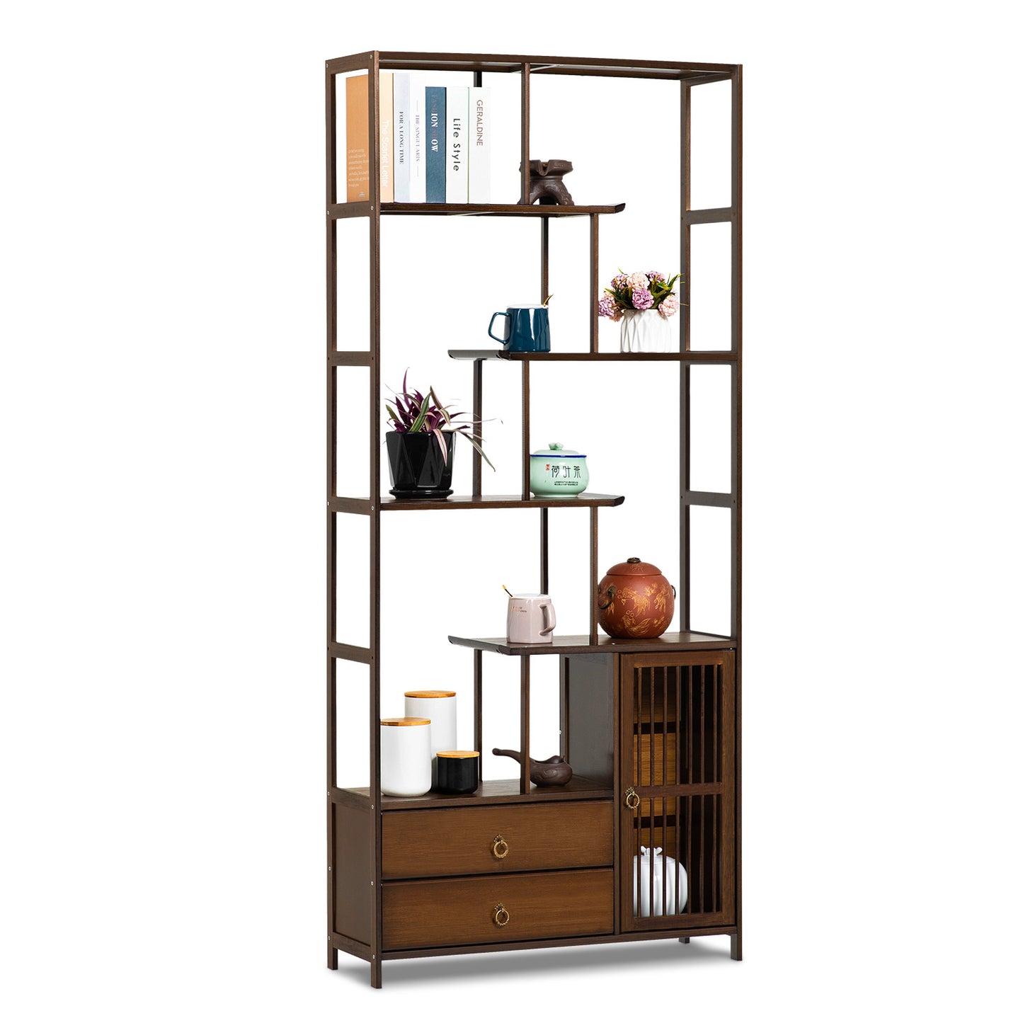 Chinese Etagere Fence Door Bottom Space Bookcase w/Dual Drawers - Brown