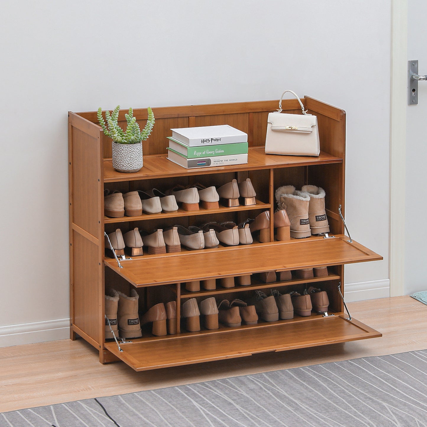 Drop Down Door Entryway Shoe Cabinet - Shelf Top with Boot Compartment  - Brown