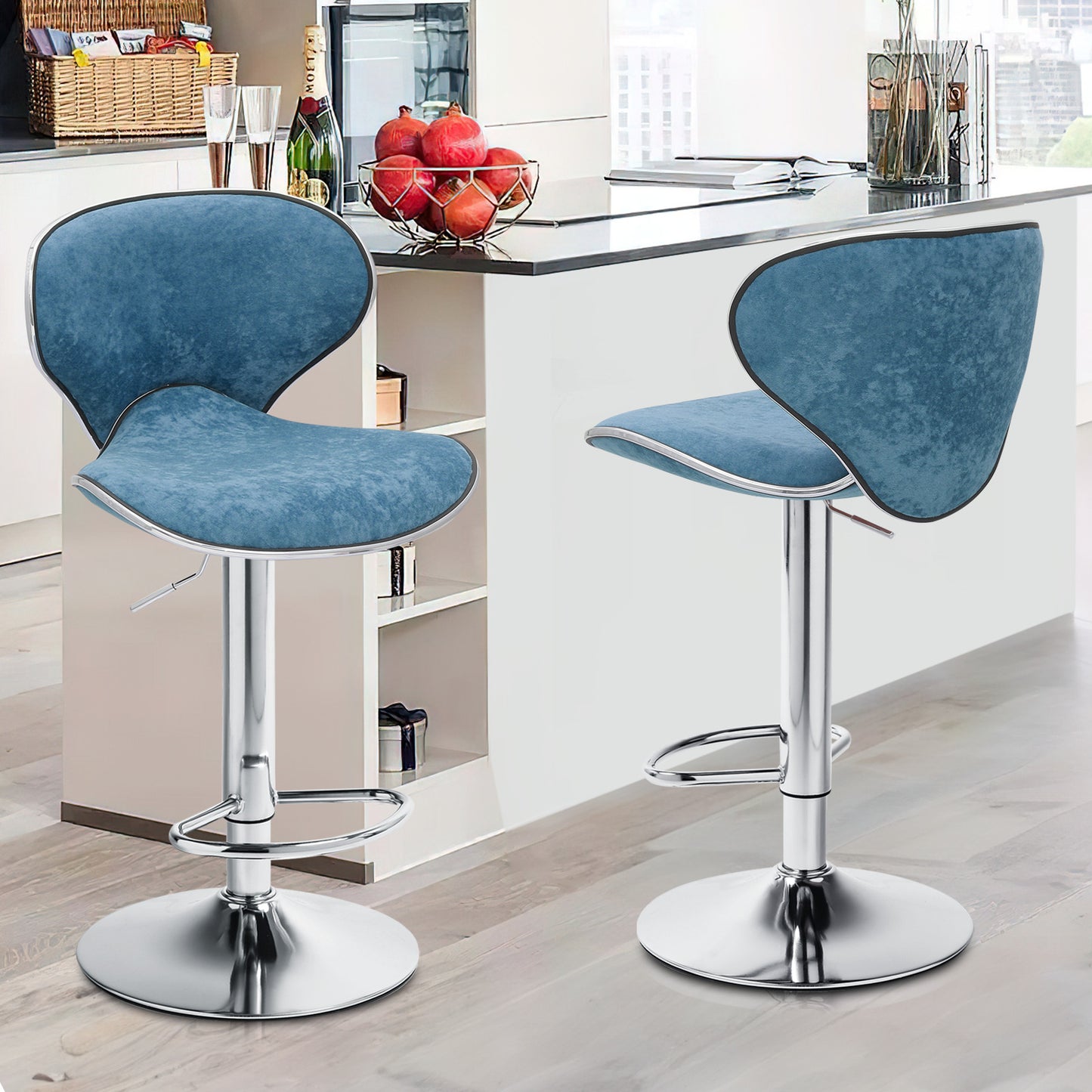 2 Piece Adjustable Height Bar Stool Swivel Dinning Chair Velvet Curved Seat