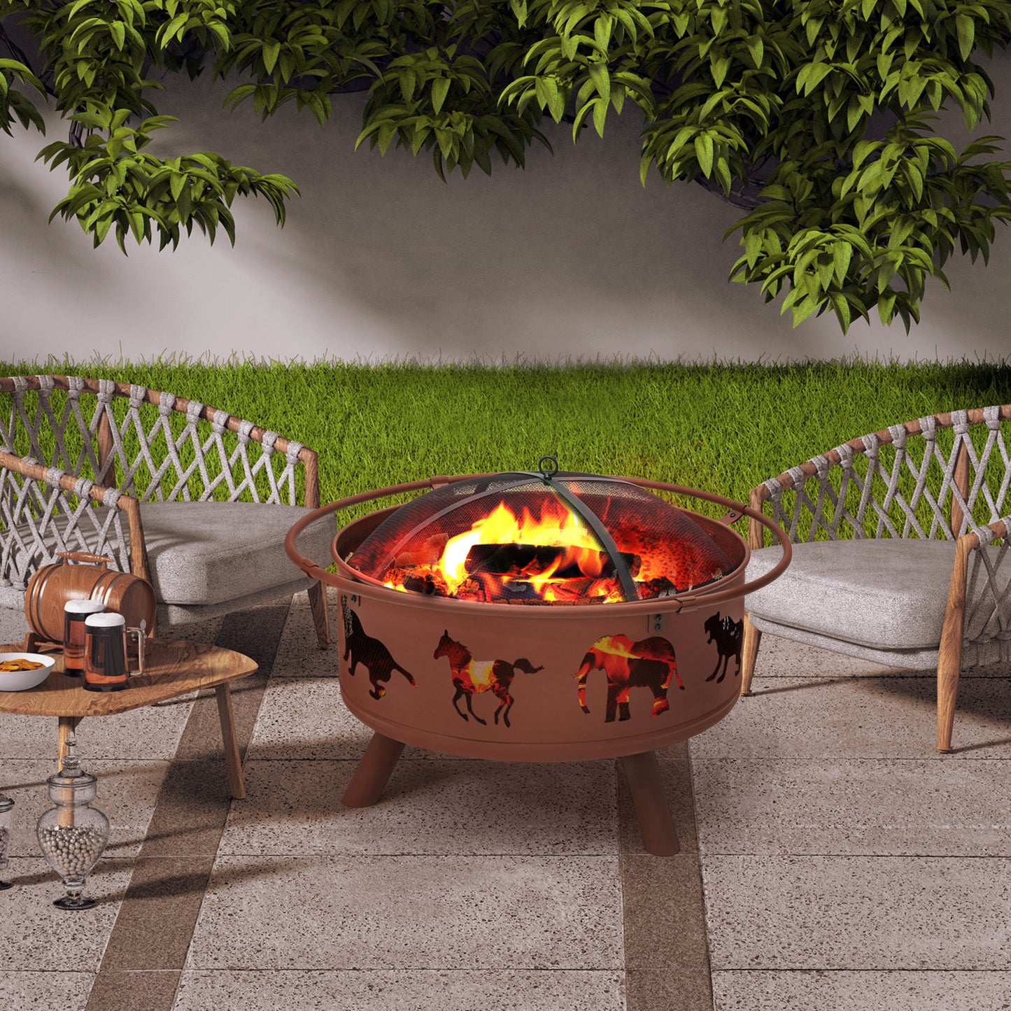 32" Horse Pattern Round Fire Pit w/Poker & Spark Screen