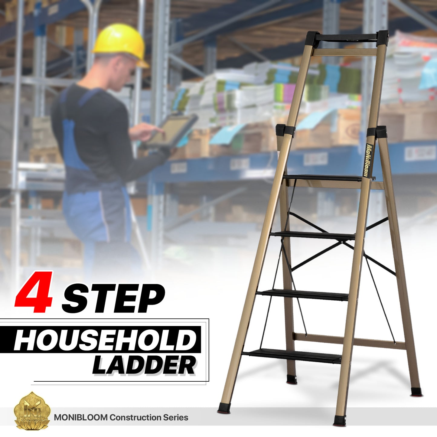 Folding Step Ladder w/Tool Tray - 4 Steps 5.17 ft/62.0", Black/Gold