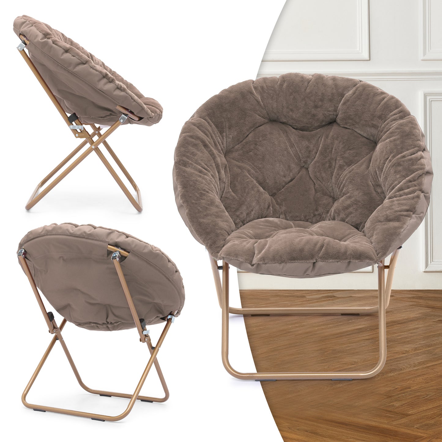 2 PCS Cozy Chair + Ottoman - Round - Faux Fur - Gold Frame