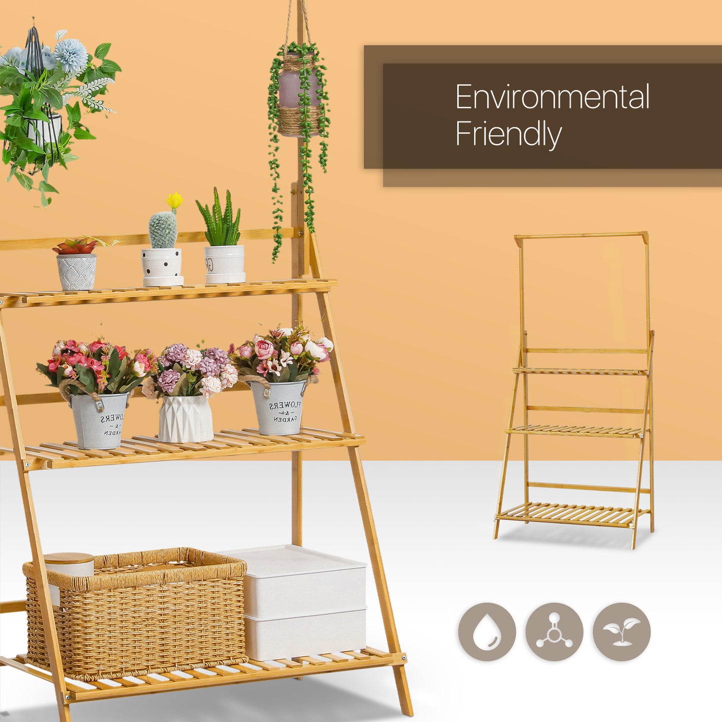 Foldable Flower Plant Rack - A Frame Stand Shelf - with Top Hanging Rod - 3 Tier - Natural