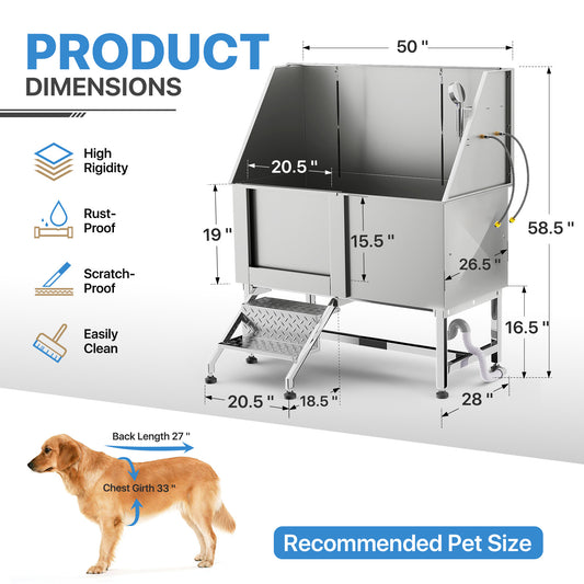 50" Pet Grooming Bathtub-304 Stainless Steel-with Non-Slip Stair