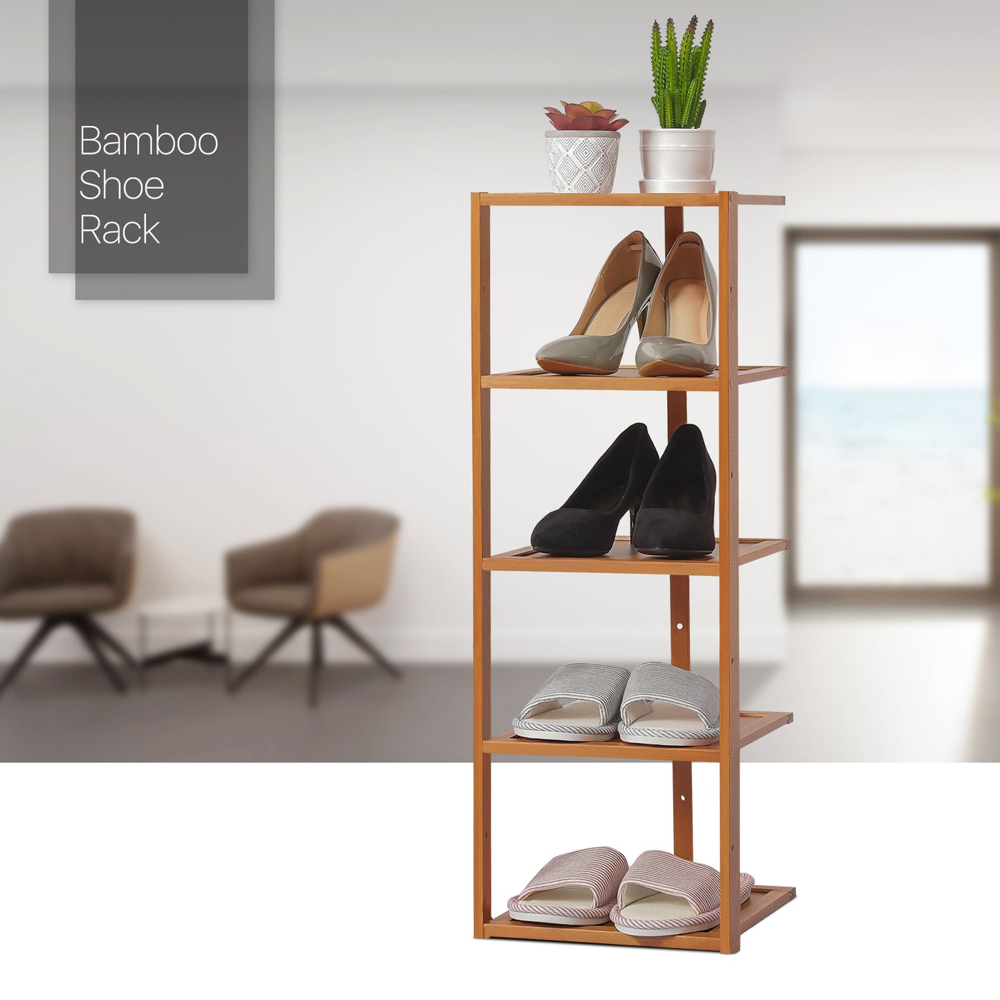 MoNiBloom 5 Tiers Modern Bamboo Shoe Rack, Organizer Storage Free