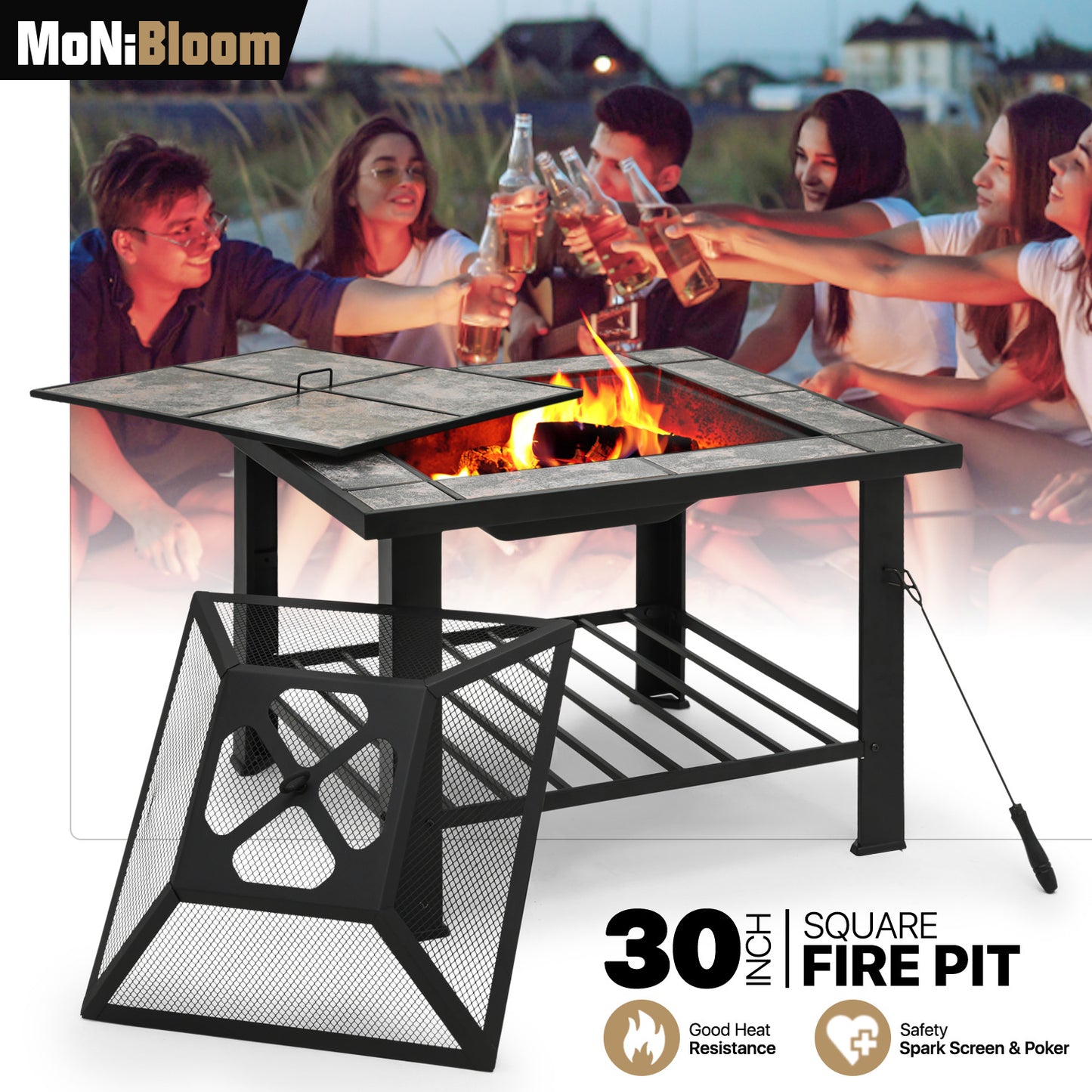 30" Square Marble Tabletop Fire Pit Table w/Lid & Poker & Spark Screen
