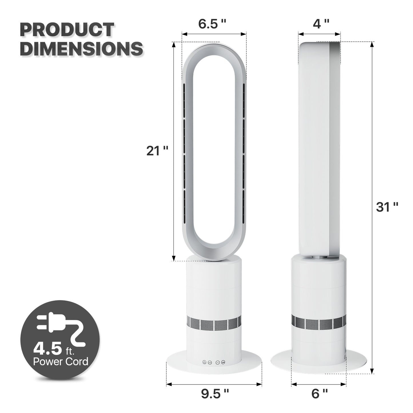 31.5 Inch Bladeless Fan - Space Heater - 10 Speeds Cooling & 3 Speeds Heating