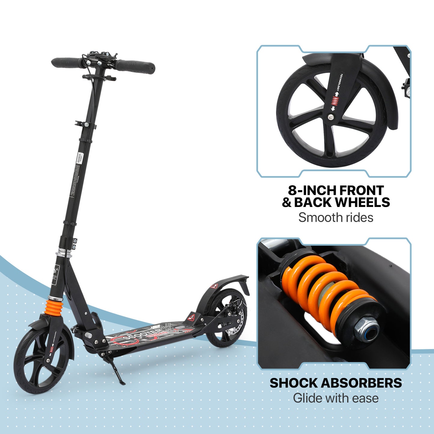 Foldable Kick Scooter - Adjustable Height Handlebar - 8" Wheels - w/Handlebrake
