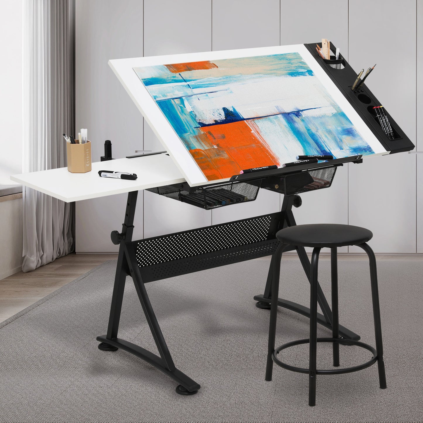 Drafting Table - 61" White desktop with black frame, 2 mesh drawers, with black stool
