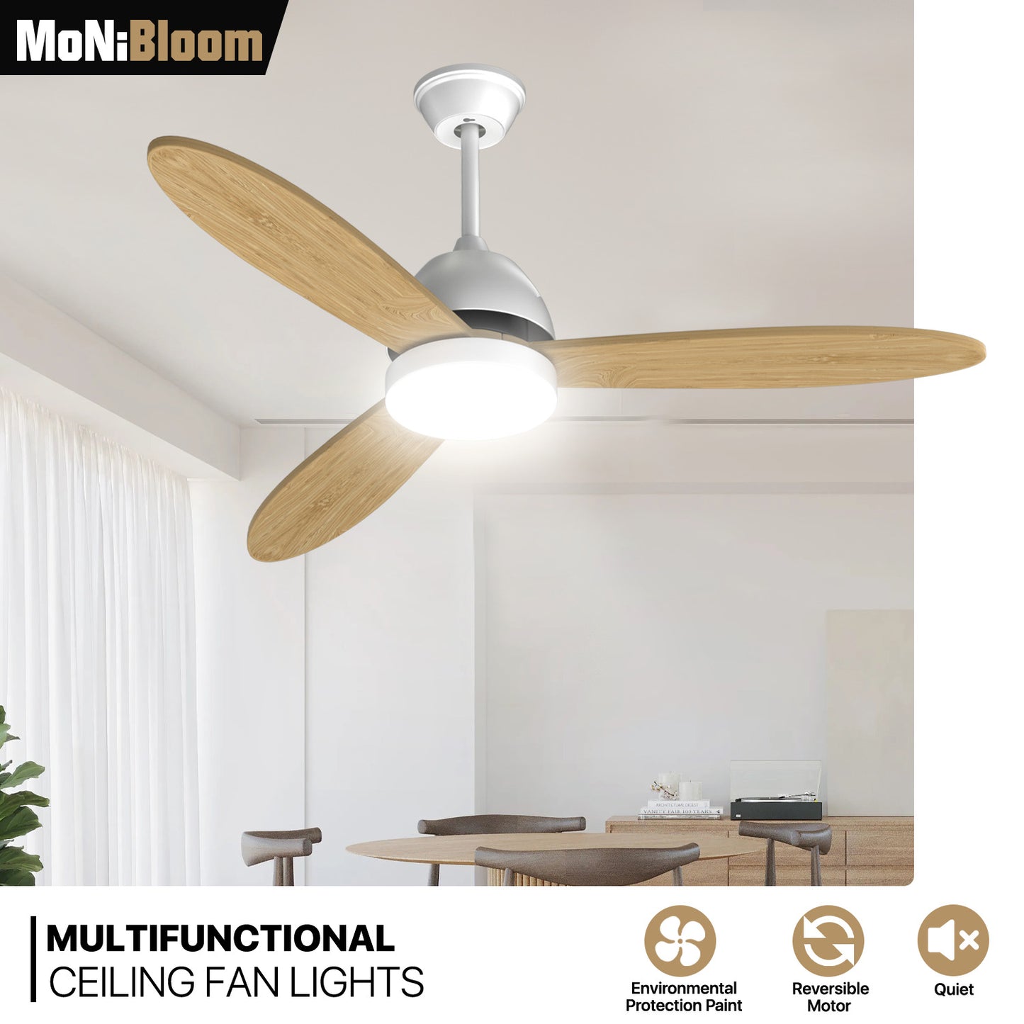 52" LED Ceiling Fan - 3 Blades - 3 Color Changing - 6 Speeds w/2 Down Rods
