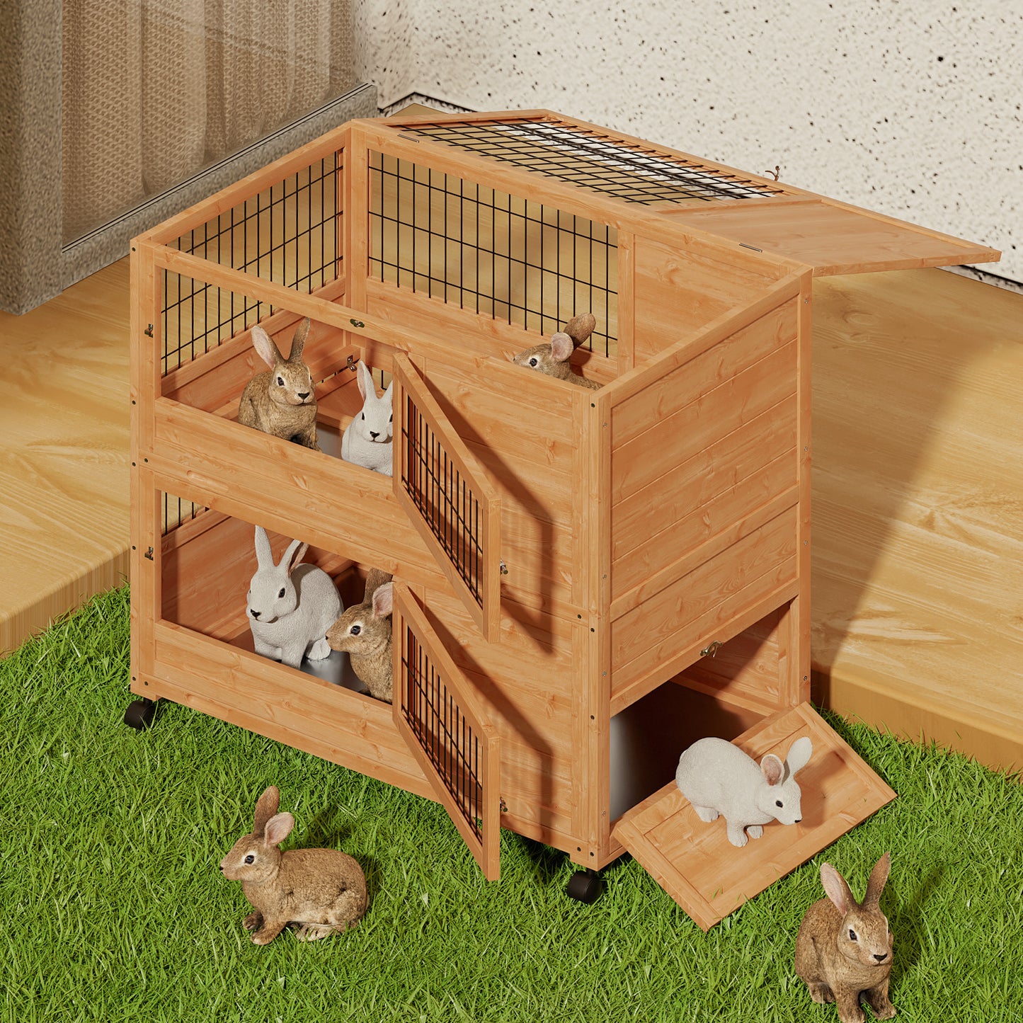 Wooden Chicken Coop Rabbit Hutch - 35.5'' Length - w/4 Wheels