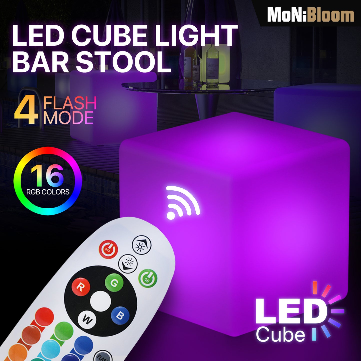 LED - Stool - 16''Cube - 16 Colors Remote Control