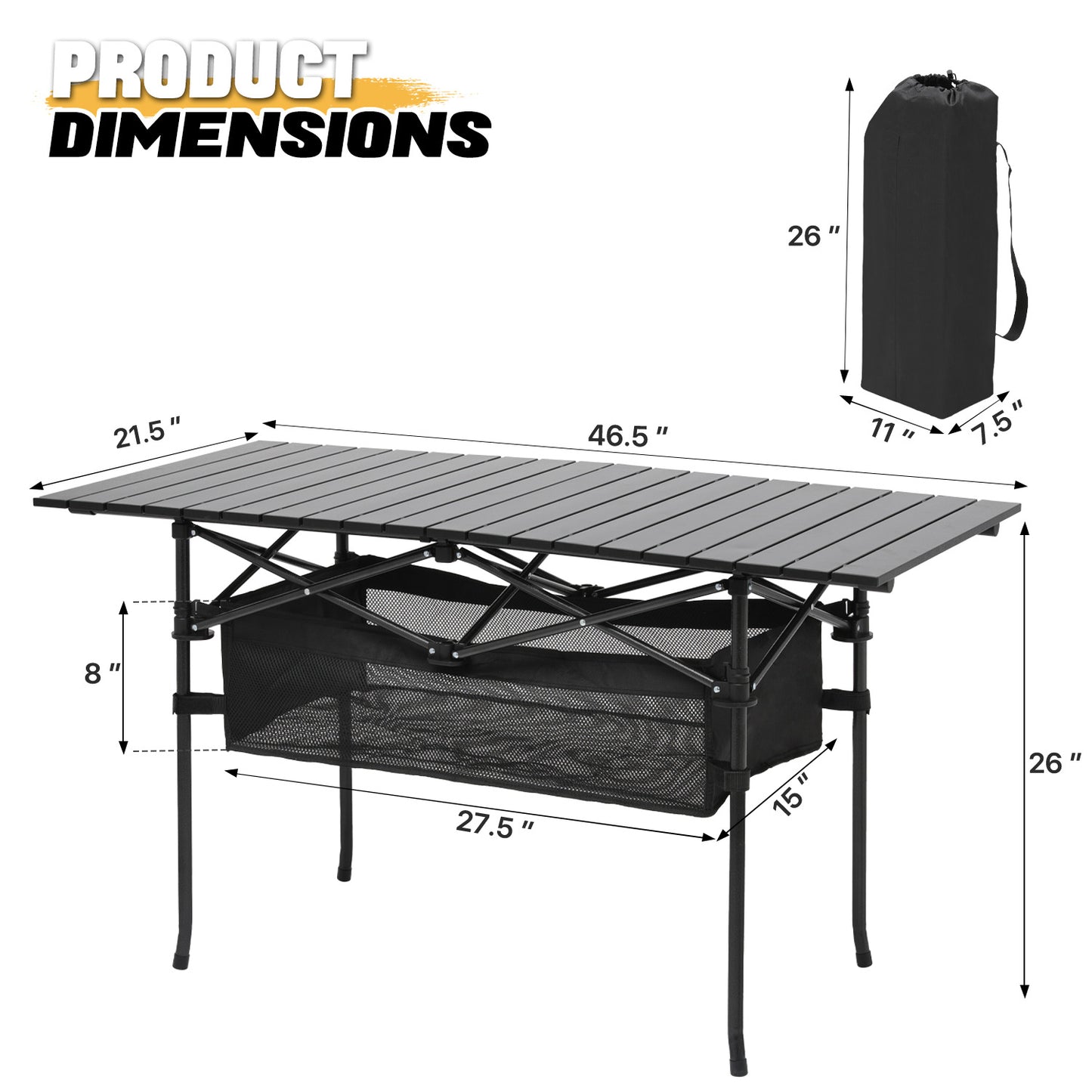 Folding Camping Table 46.5"x21.5"x26" - with Extra Storage Space