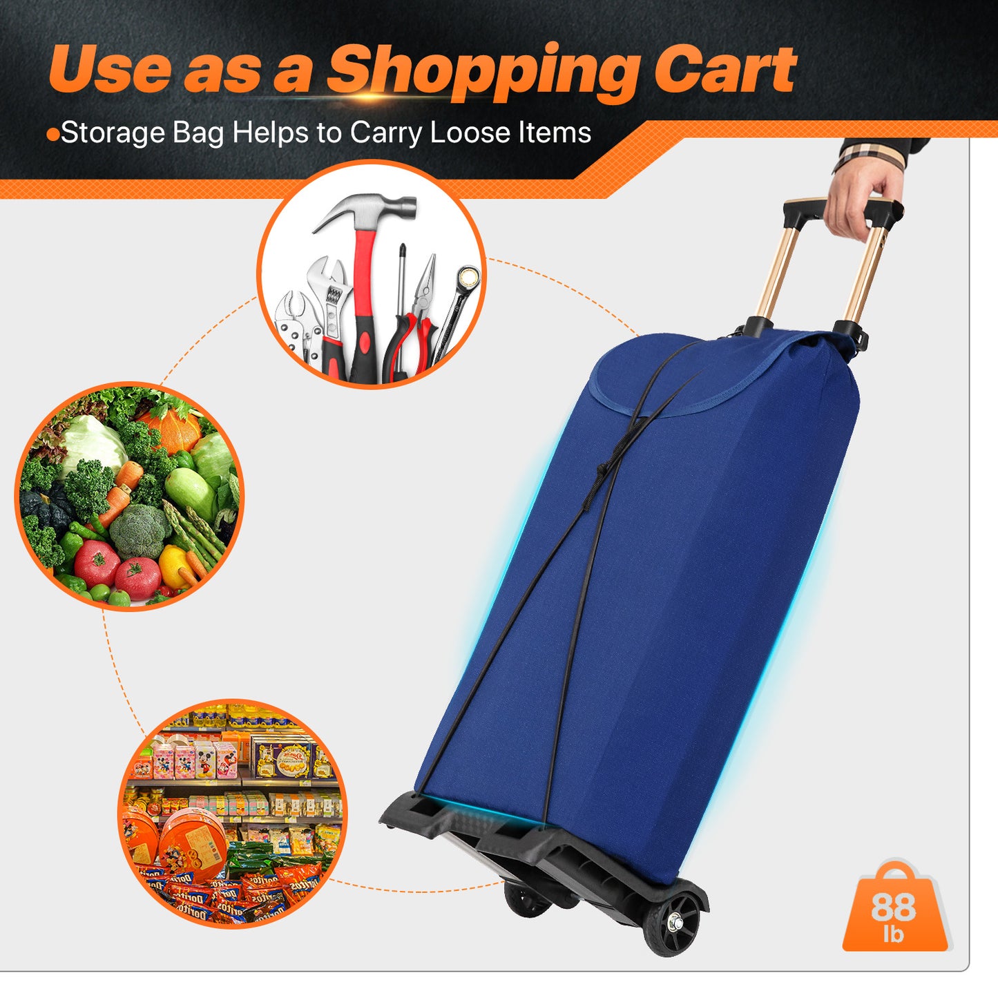 Folding Trolley w/Detachable Bag & Belt - None Front Wheel