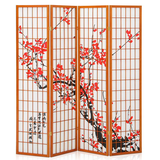 4-Panel Flower Painting Room Divider - Walnut