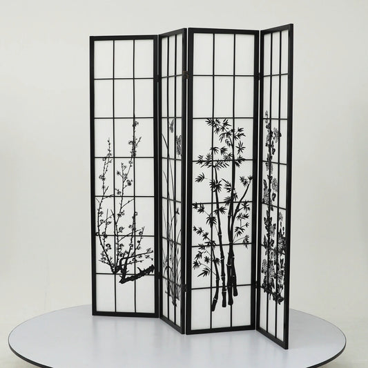 4-Panel Flower Painting Room Divider - Black