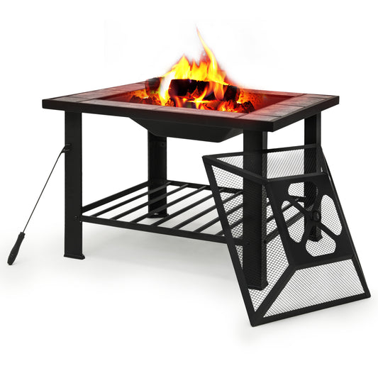 30" Square Fire Pit Table w/Log Grate & Poker & Spark Screen