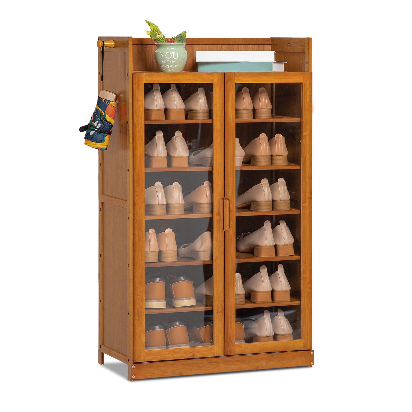 Visible Two-Doors Roofless Shoe Organizer - Bamboo/Acrylic - Brown