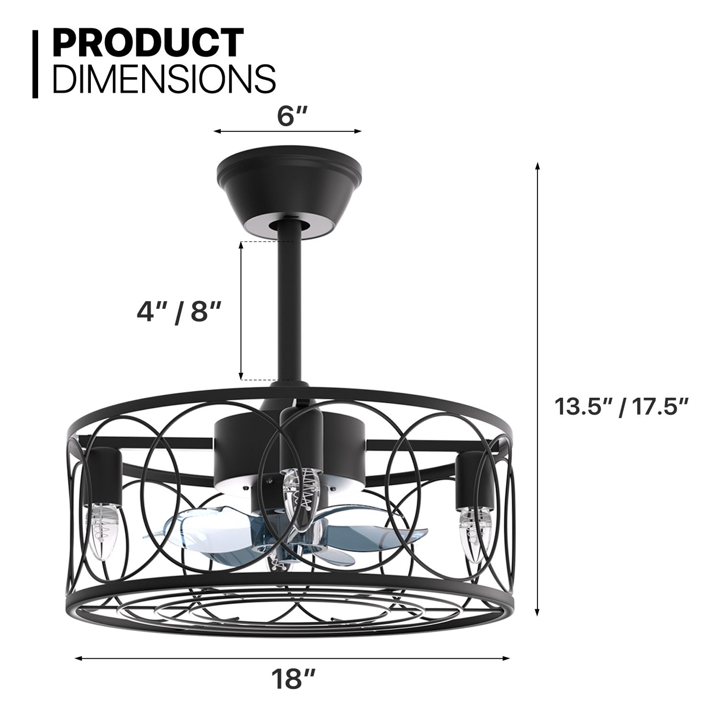 18" Caged Ceiling Fan  - 3 Color Changing - 3 Speeds w/2 Down Rods