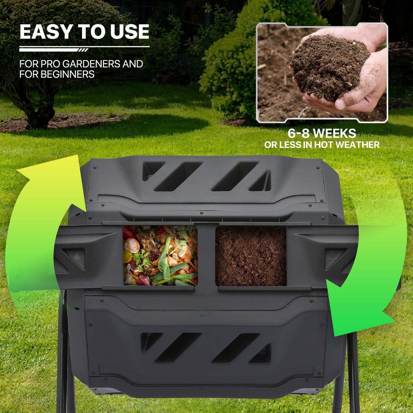 43 Gallon Dual Chamber Compost Bin - 2 Sliding Doors - with Gloves