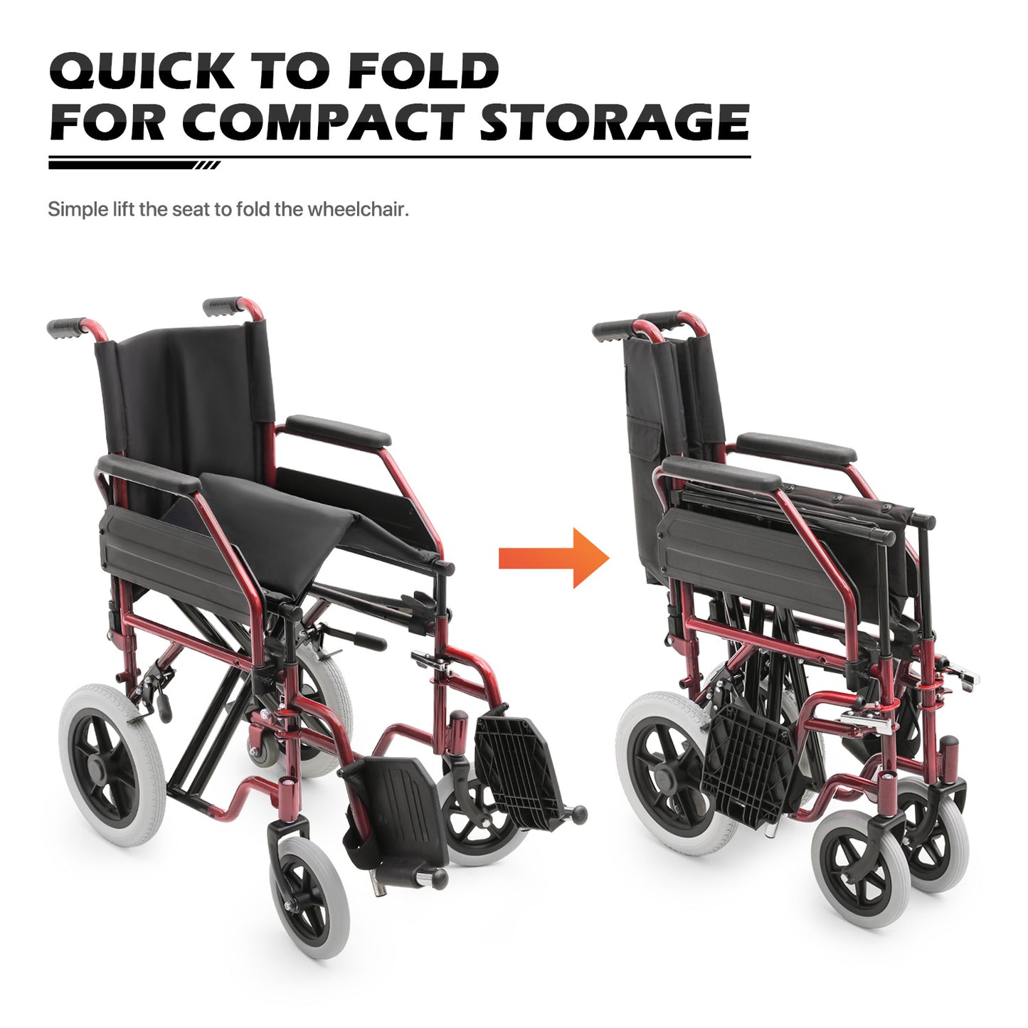 Transport Wheelchair - PU Solid Tyre - Red