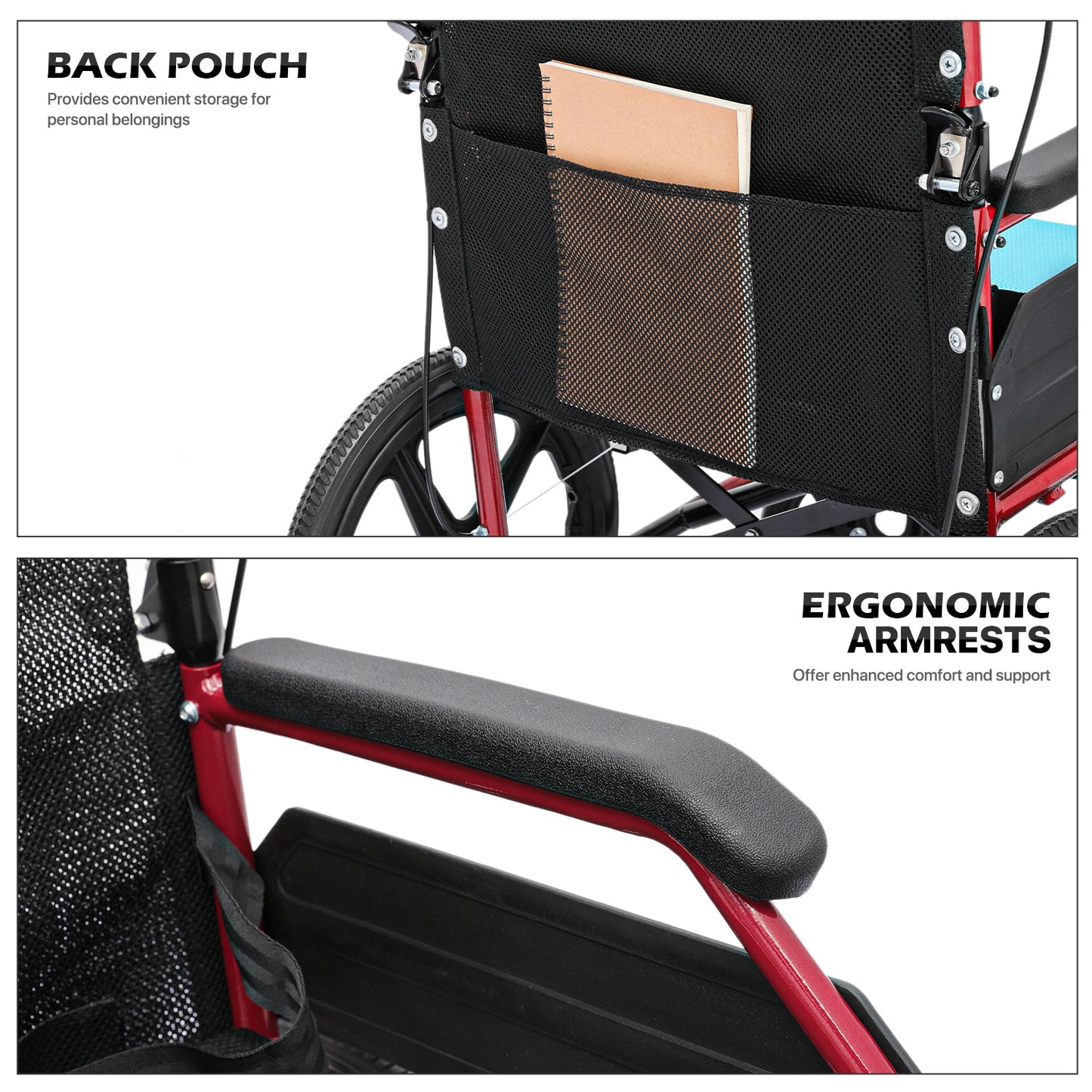 Transport Wheelchair - with Handbrake, Cushion - Red