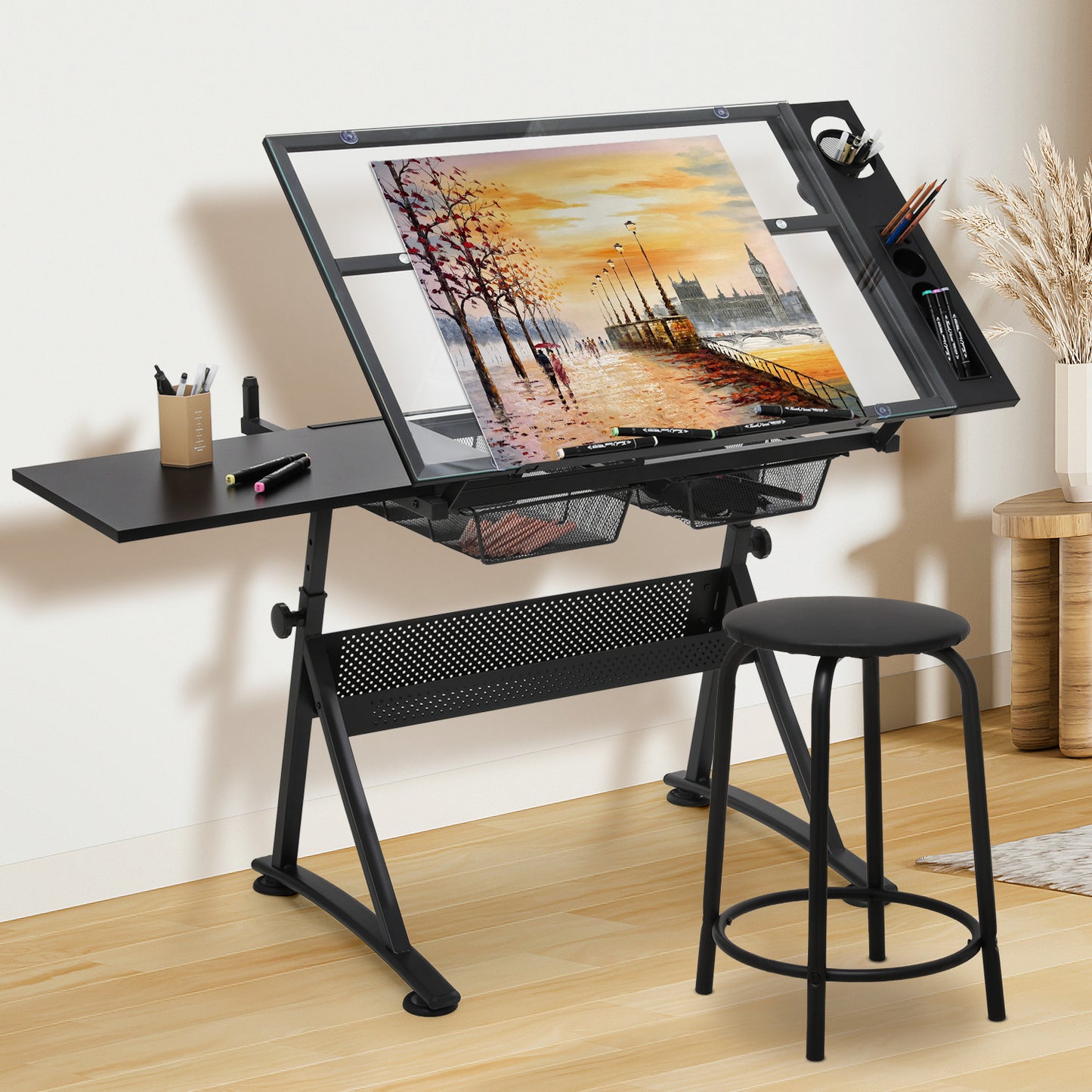Drafting Table - 53" Crystal desktop with frame, 2 mesh drawers, with black stool