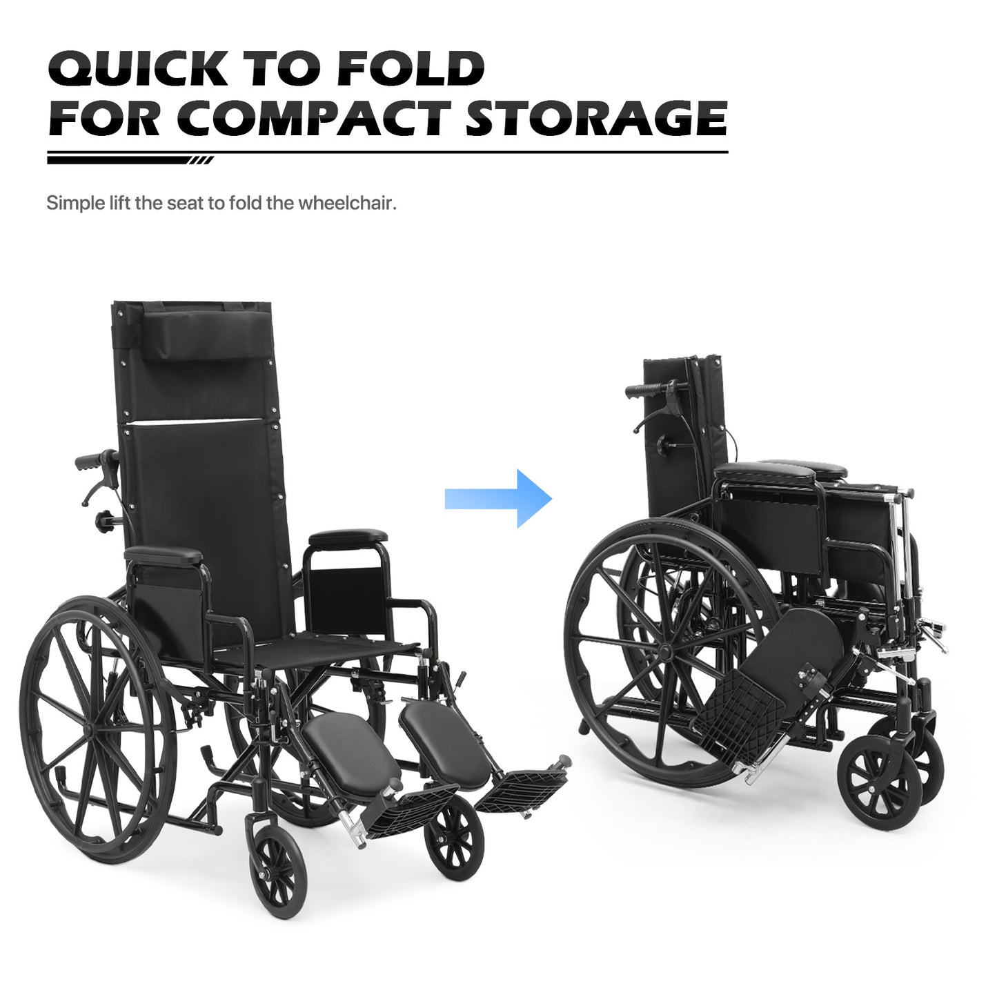 Reclinable Transport Wheelchair - FDA Aproved - 18.5"x16" Seat
