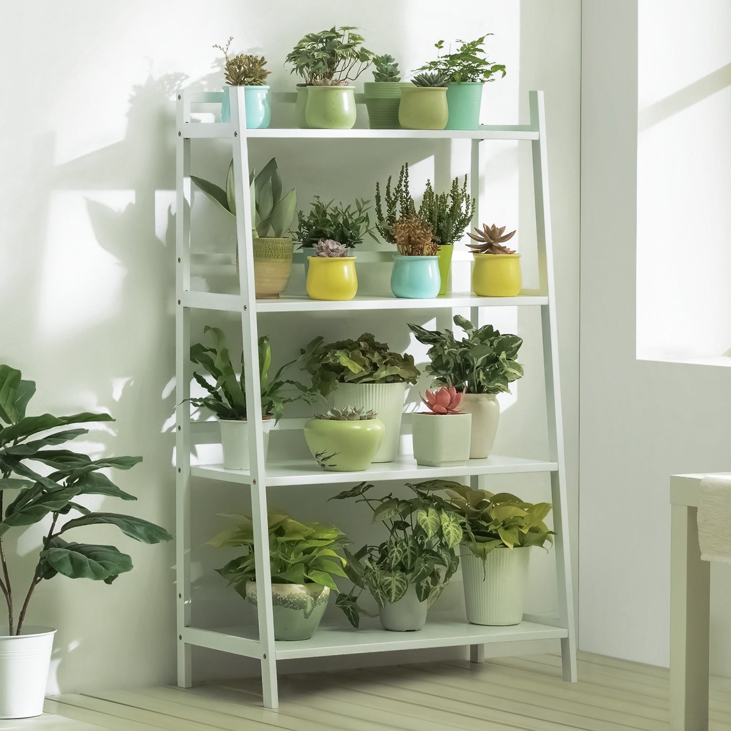 Simplified Trapezoid Multi-Functional Flower Plant Rack - 4 Tier - White