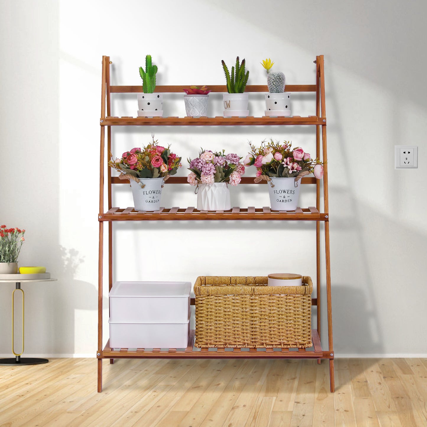 Foldable Flower Plant Rack - A Frame Stand Shelf - 3 Tier - Brown