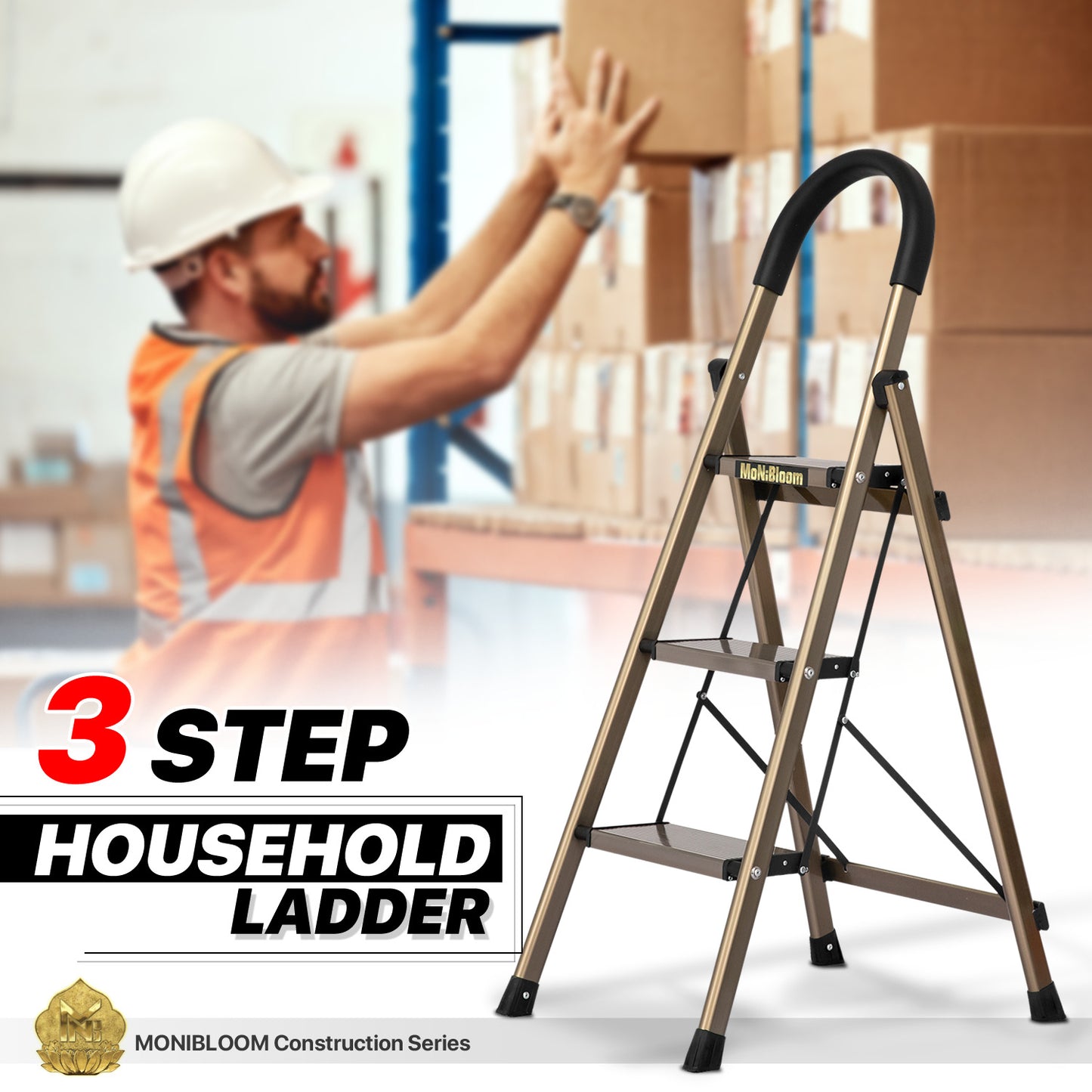 U-Shaped Padded Handle Folding Step Ladder - 3 Steps 3.78 ft/45.3", Gold