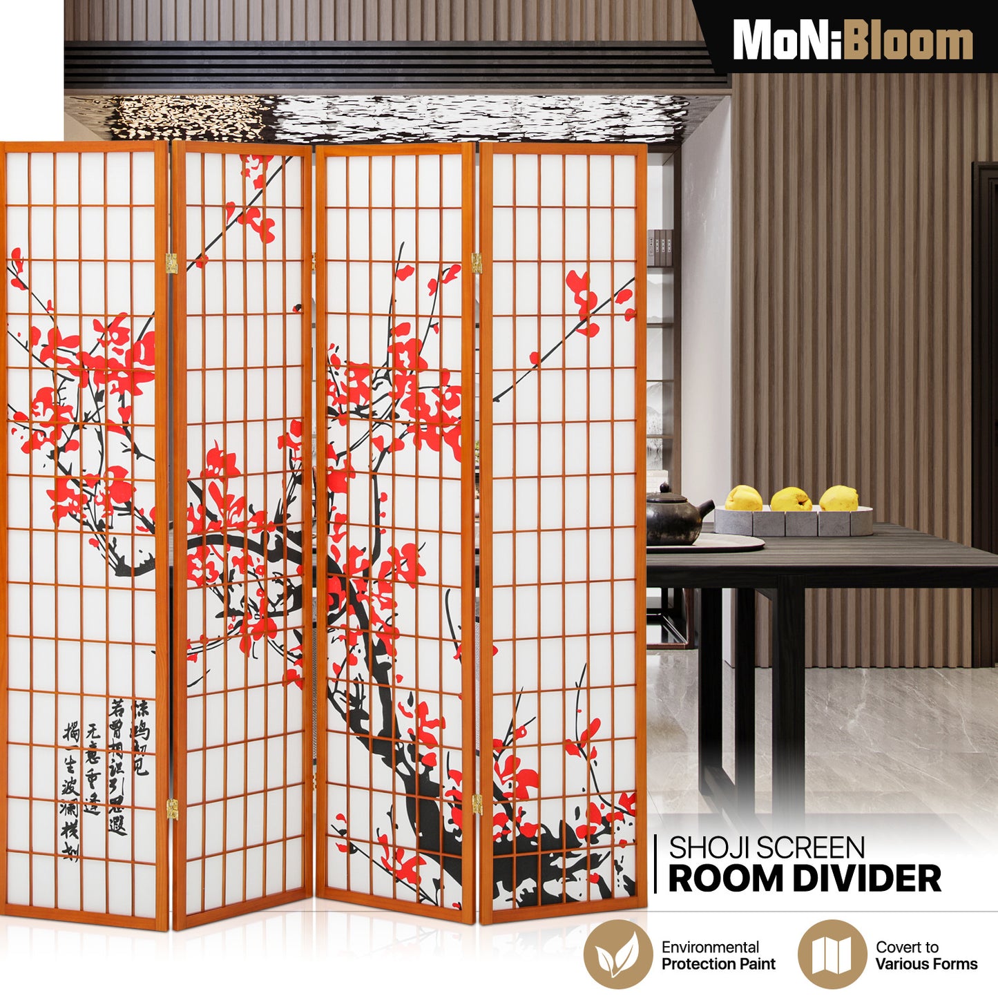 4-Panel Flower Painting Room Divider - Walnut