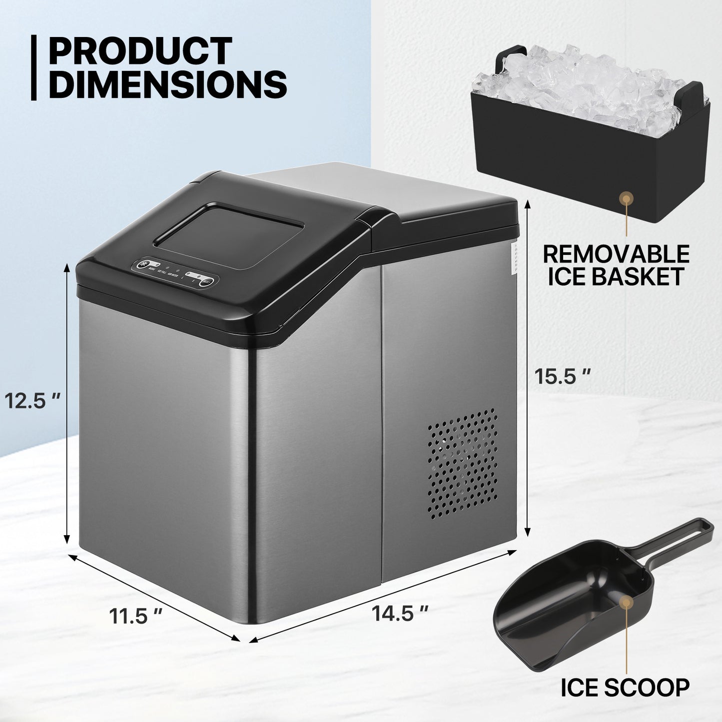 Ice Maker Machine - 2.5L Storage Tank - Bullet Shape - 33lbs/ 24hrs - with Scoop