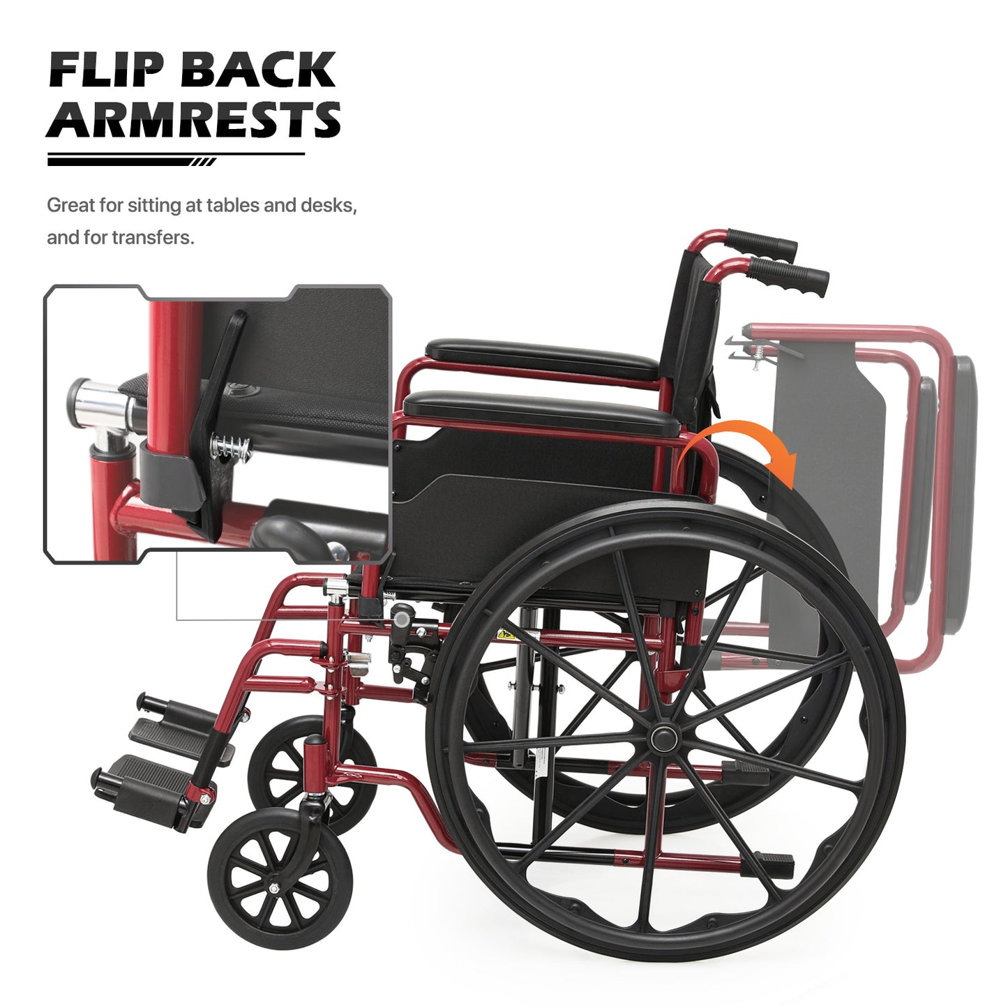 Manual Wheelchair -  Red, FDA Approved - 18"x16" Seat