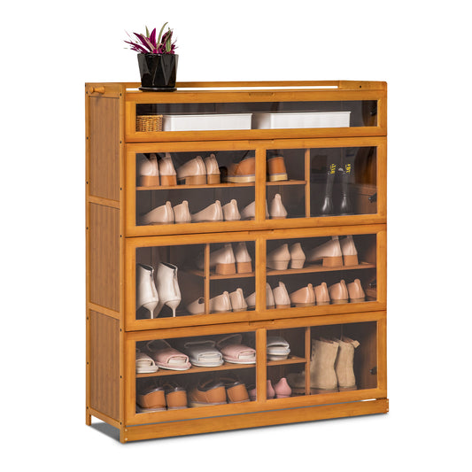 Visible Drop Down Door Shoe Organizer w/Boots Compartments - Bamboo/Acrylic - Brown