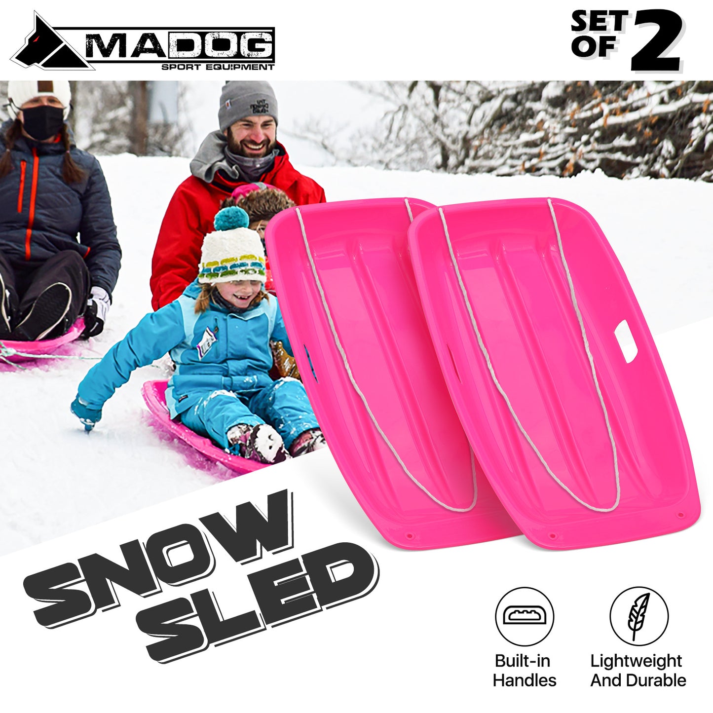 34.5'' Length  Rectangular Snow Sled -  Set of 2 - with Pull Rope