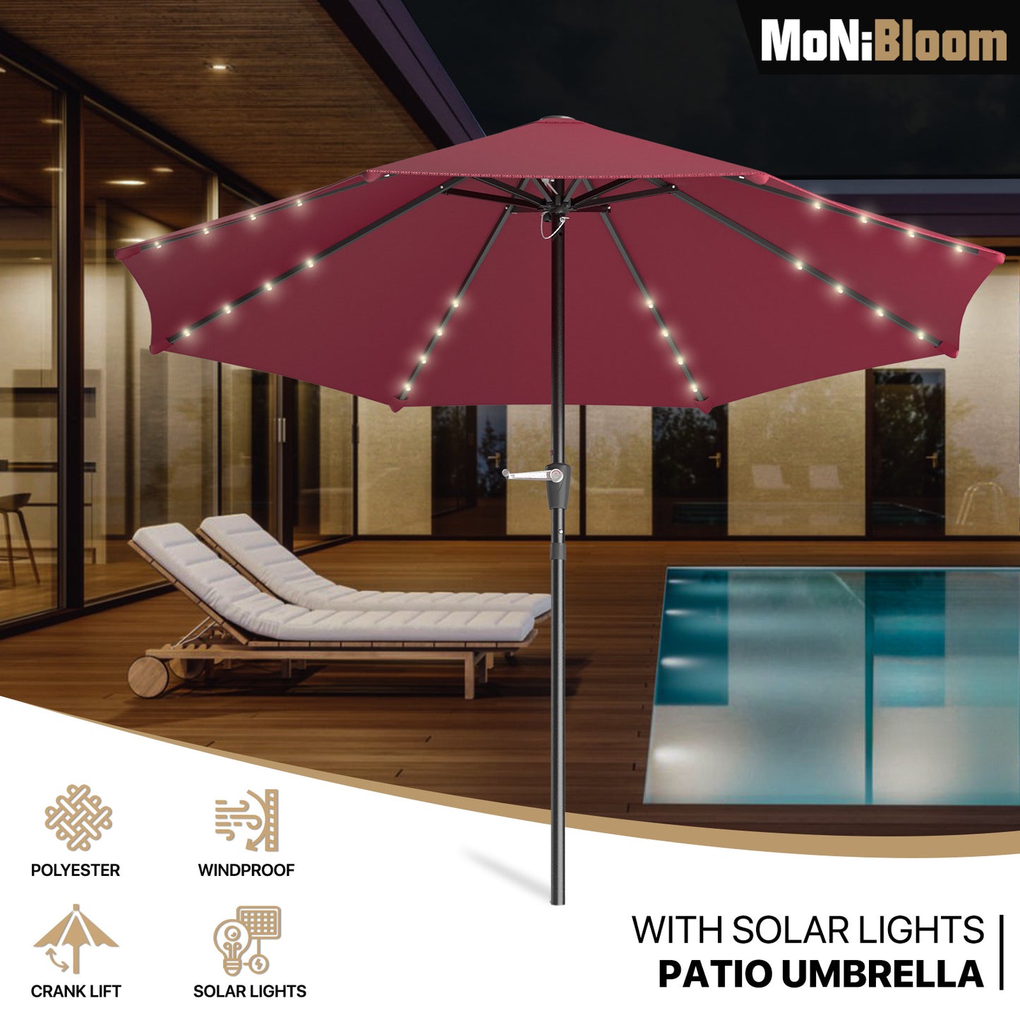 9 Ft LED Solor Light Market Umbrella - 32 Light Bulbs - 180g Polyester with PU Coating