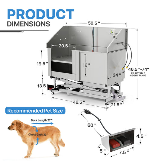 50" Electric Lift Pet Grooming Bathtub-304 Stainless Steel