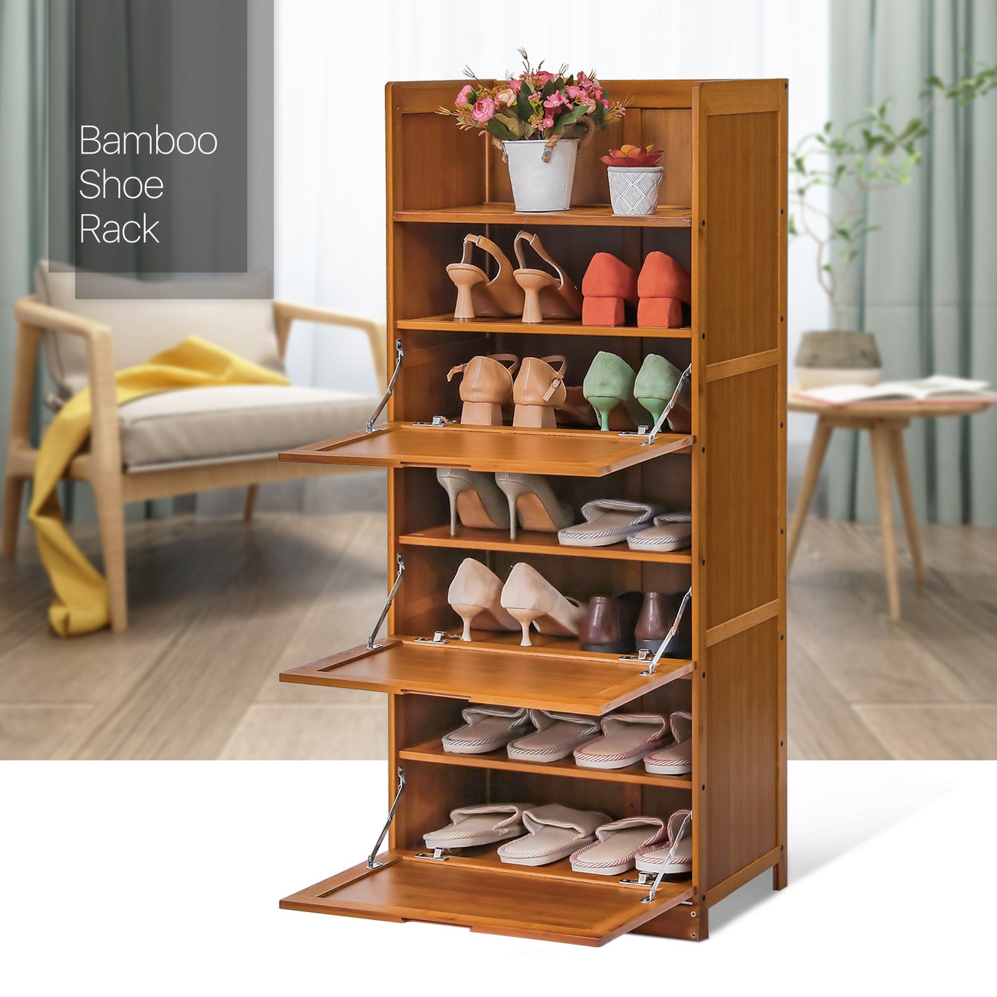 MoNiBloom Bamboo 6 Tiers 20 Pairs Storage Shoes Cabinet with Door, Brown, for Entryway