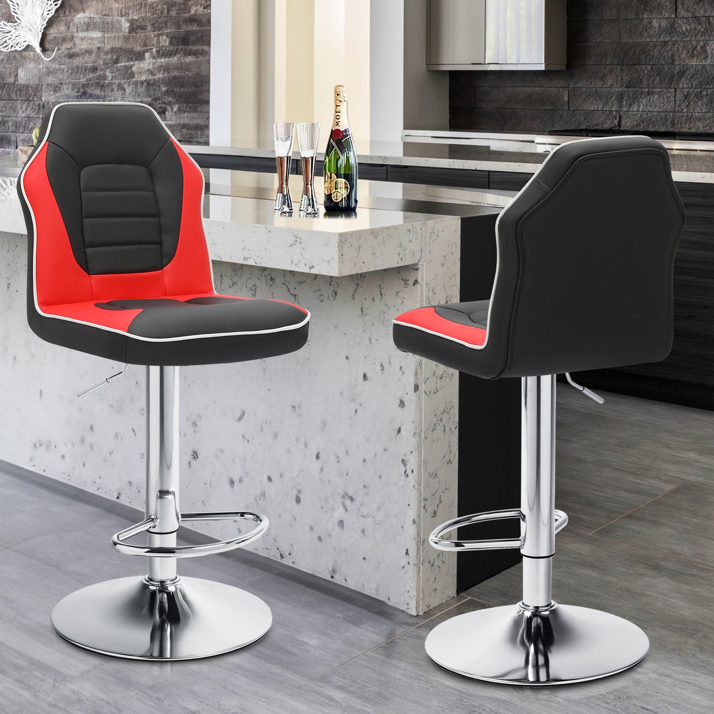Set of 2 Modern Bar Stools Adjustable Swivel Leather Seat Gaming Chair Style